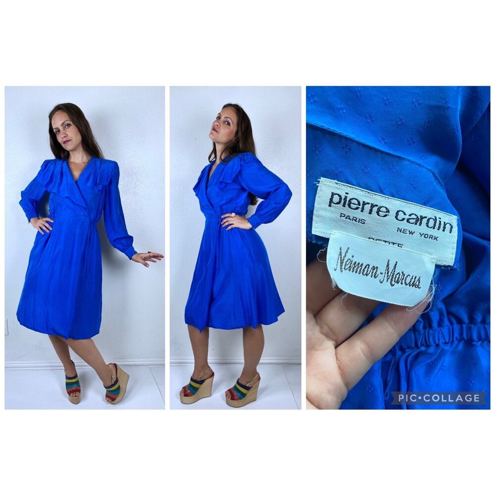 vintage 80s Royal Blue SILK Pierre Cardin WRAP DRESS M/L designer Neiman Marcus